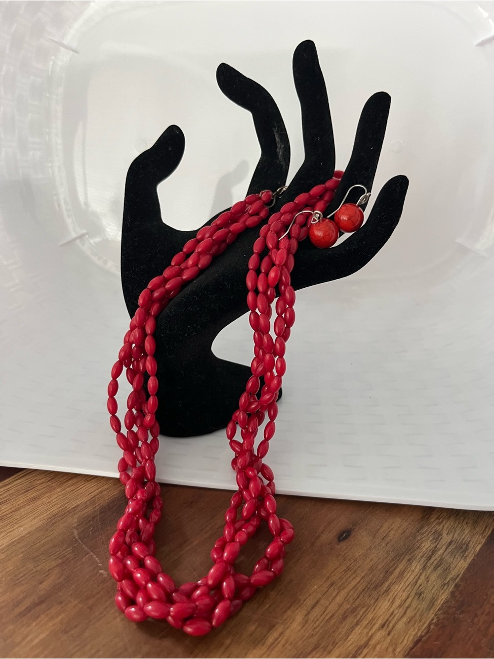 Red Beaded Multi-Strand Necklace with Matching Earrings